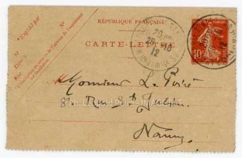 Carte-lettre expédiée par Victor Prouvé (Nancy)